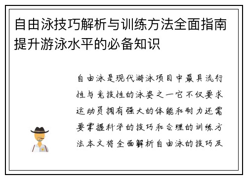 自由泳技巧解析与训练方法全面指南提升游泳水平的必备知识